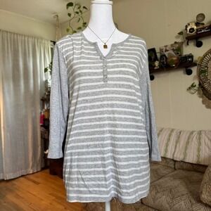 Croft & Barrow Womens Grey White Striped Henley Long Sleeve Shirt Size L